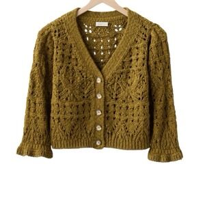 Garnet Hill Cardigan Sweater Women's XS Crochet Knit Long Sleeve Cropped Button